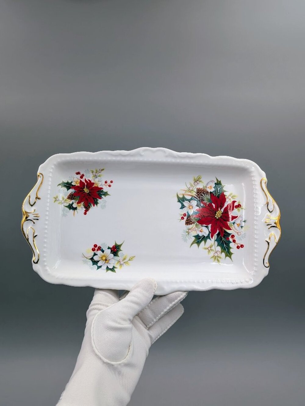 Vintage Royal Albert Poinsettia Bone China Rectangular Handled Serving Platter